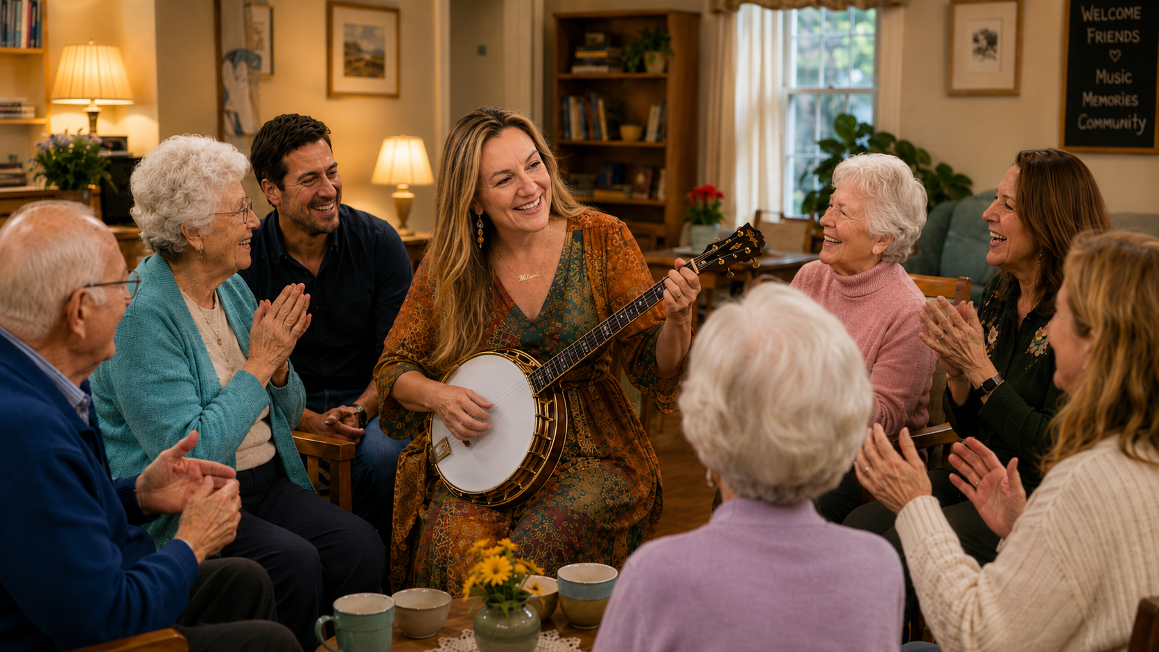 Melanie Stark leading an interactive live music program for senior living residents